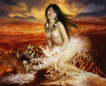 Girl Riding Tiger in Sea Chinese Girl Nude Oil Paintings